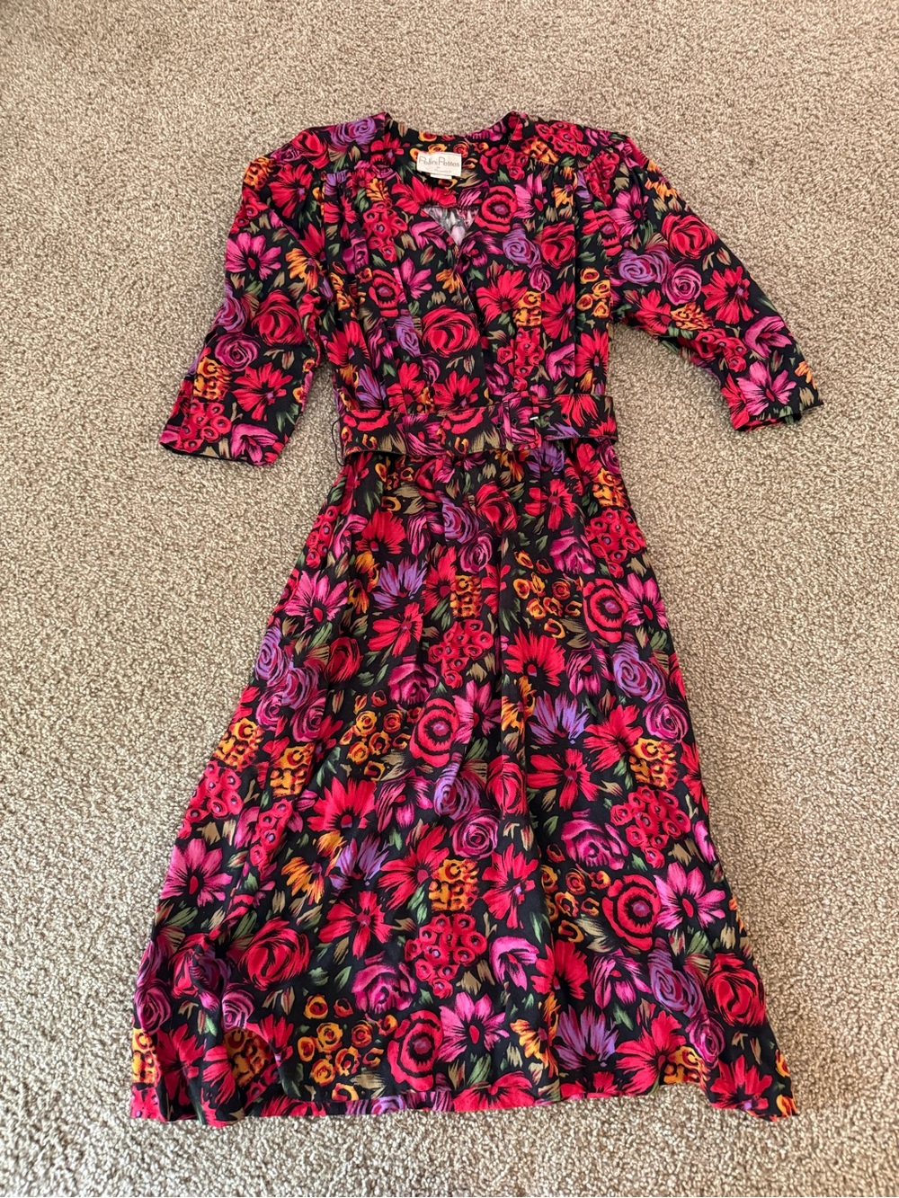 Vintage Black Floral Midi Dress with Pink, Red & Purple Blooms